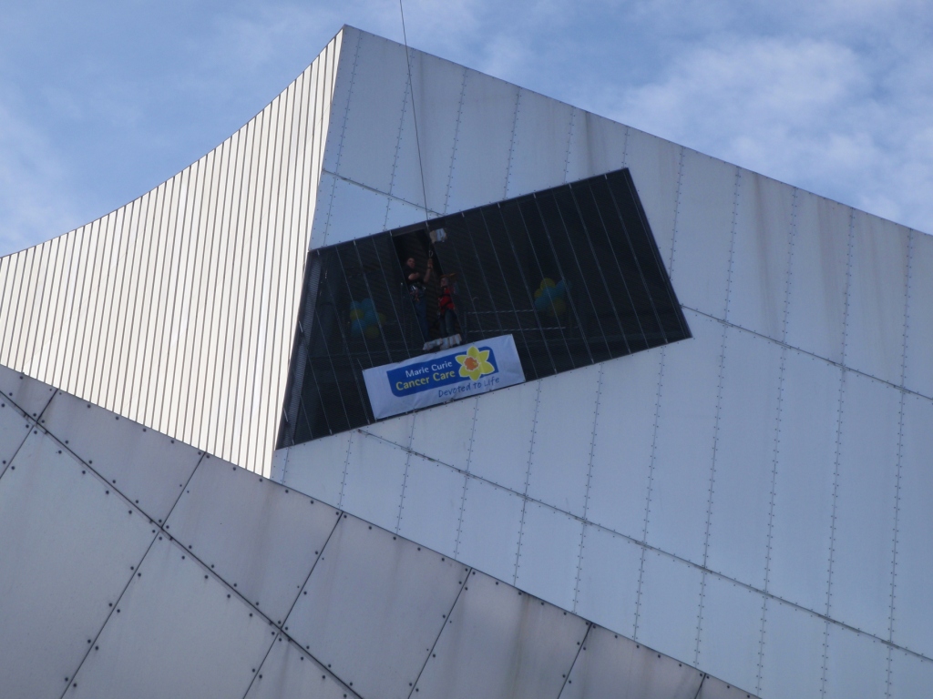 Opening at the top of the building. This is usually a closed viewing platform but they removed some panels.