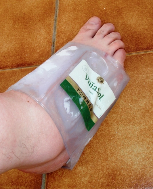 wine cooler provides an improvised training aid (note the swollen ankle!)